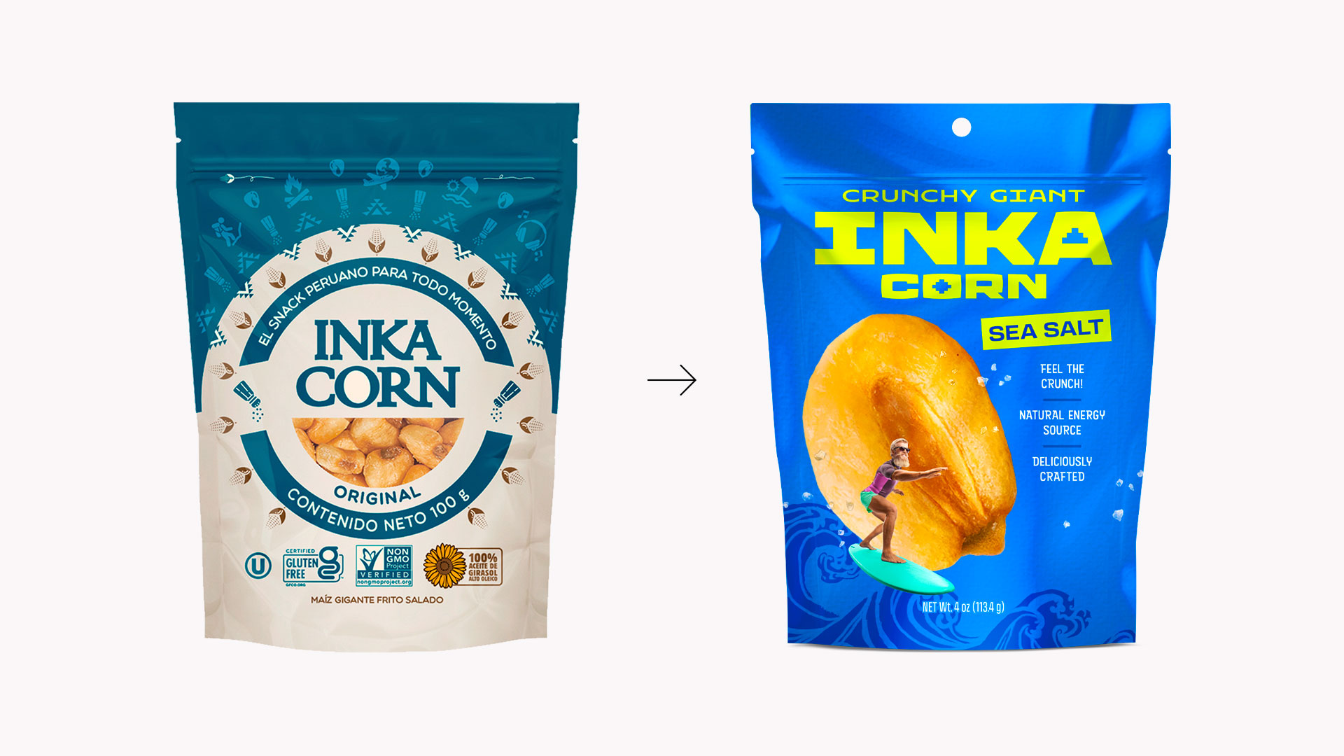 Detalle del rediseño de marca y envases de Inka Corn. Antes y después del envase Sea Salt.
