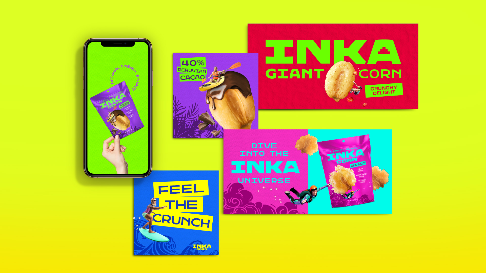 Sistema gráfico creado para las redes sociales de Inka Corn con la nueva imagen.