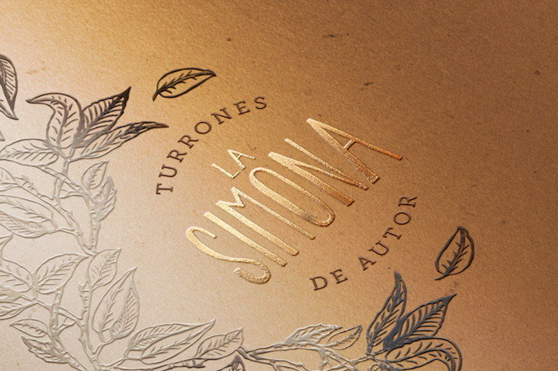 Detalle de las ilustraciones con UV sectorizado y hot stamping cobre en el empaque de turrones La Simona.