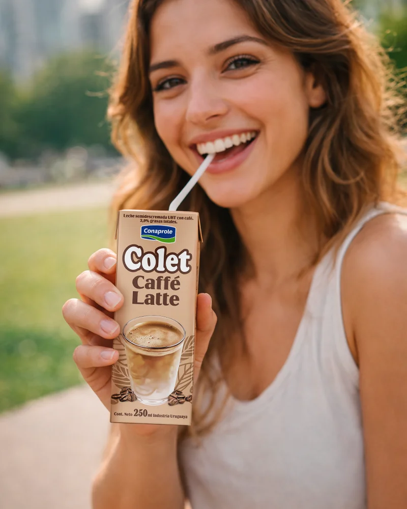 Mujer bebiendo Conaprole Colet Caffé Latte